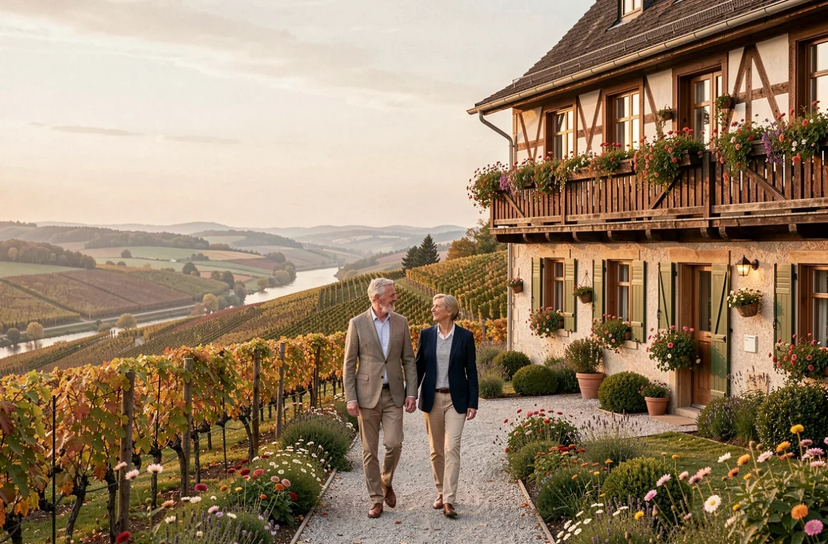 Hôtel Les Violettes à Jungholtz avec ses balcons fleuris et vue sur les vignes alsaciennes et la plaine du Rhin