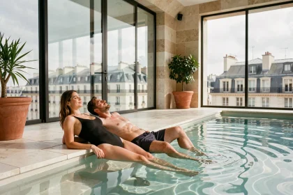 Couple se relaxant dans une piscine privée intérieure d'un hôtel spa à Paris avec vue sur les toits haussmanniens