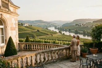 Vue panoramique d'une terrasse d'hôtel de luxe dans le Grand Est avec couple contemplant les vignobles et la vallée