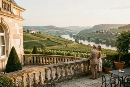 Vue panoramique d'une terrasse d'hôtel de luxe dans le Grand Est avec couple contemplant les vignobles et la vallée