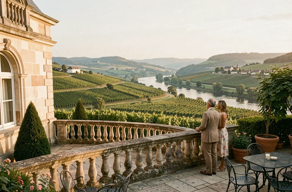 Vue panoramique d'une terrasse d'hôtel de luxe dans le Grand Est avec couple contemplant les vignobles et la vallée