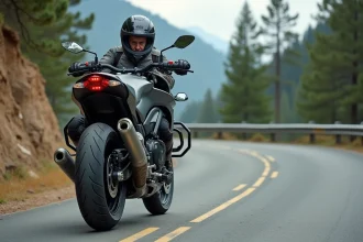 Motard en équipement de protection complet inspectant le pneu arrière de sa moto sur une route de montagne isolée, erreur de sécurité à éviter en road trip moto
