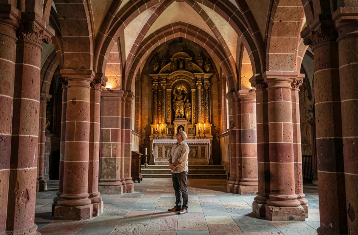 Intérieur de la chapelle romane de la Basilique du Saint-Sang à Bruges avec visiteur contemplatif devant l'autel