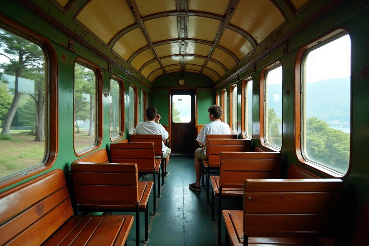 Intérieur authentique d'un wagon du train Corse reliant Île-Rousse à Calvi avec vue sur la mer