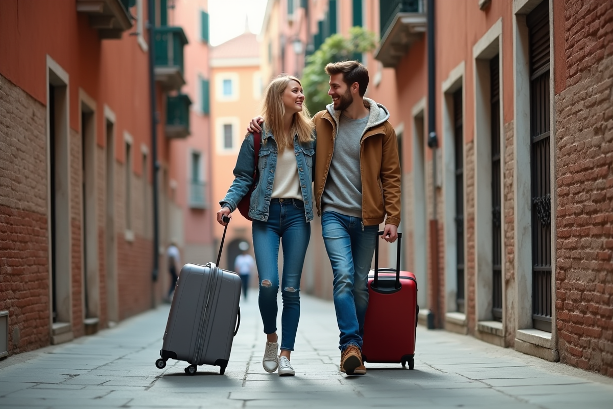 Jeune couple marchant dans une ruelle de Venise avec valises
