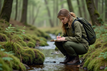 Jeune femme écologiste prenant des notes en forêt