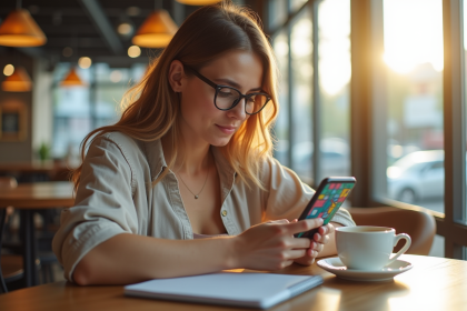 Jeune femme dans un café moderne utilisant une carte sur smartphone