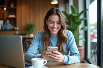 Jeune femme souriante utilisant une application de covoiturage dans un café