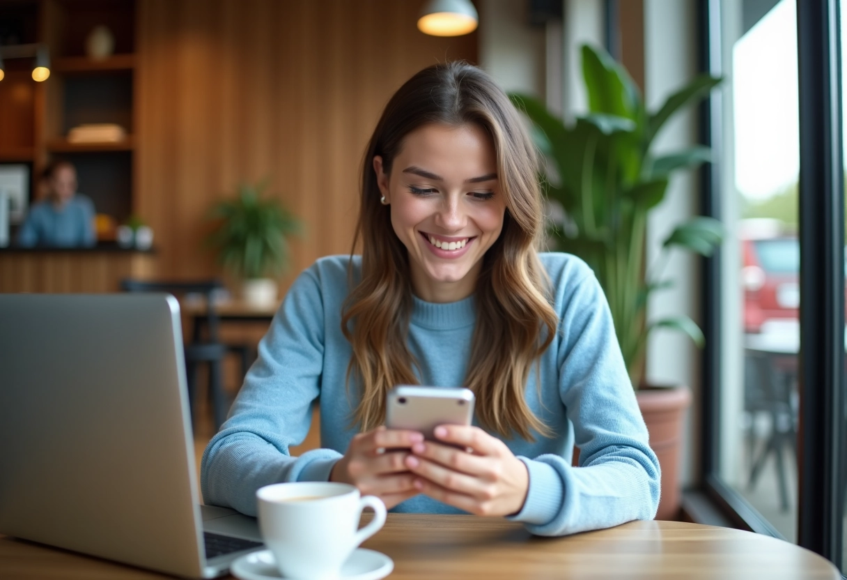 Jeune femme dans un café moderne utilisant une carte sur smartphone