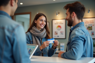 Jeune femme souriante montrant sa carte santé européenne à la réception