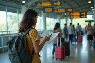 Jeune femme indonesienne vérifiant son téléphone dans un terminal