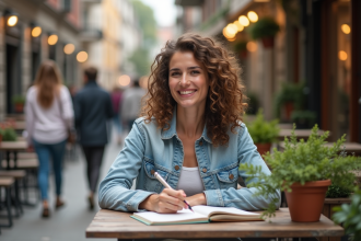 Jeune femme souriante journal dans un café extérieur