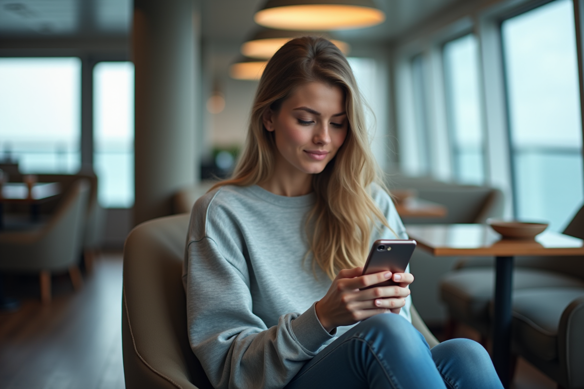 Jeune femme dans un salon de croisière regardant son smartphone