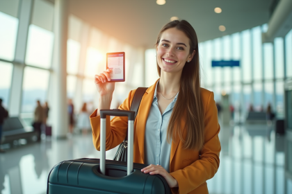 Jeune femme souriante avec permis de conduire à l'aéroport