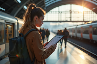 Jeune femme lisant un horaire de train dans une gare moderne