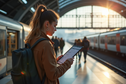 Jeune femme lisant un horaire de train dans une gare moderne