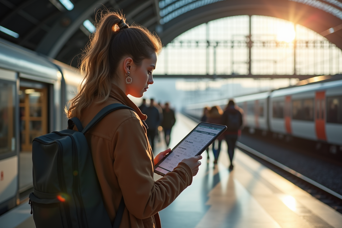 Jeune femme lisant un horaire de train dans une gare moderne