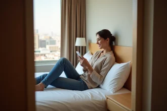 Jeune femme détendue dans une chambre d'hôtel à Deira