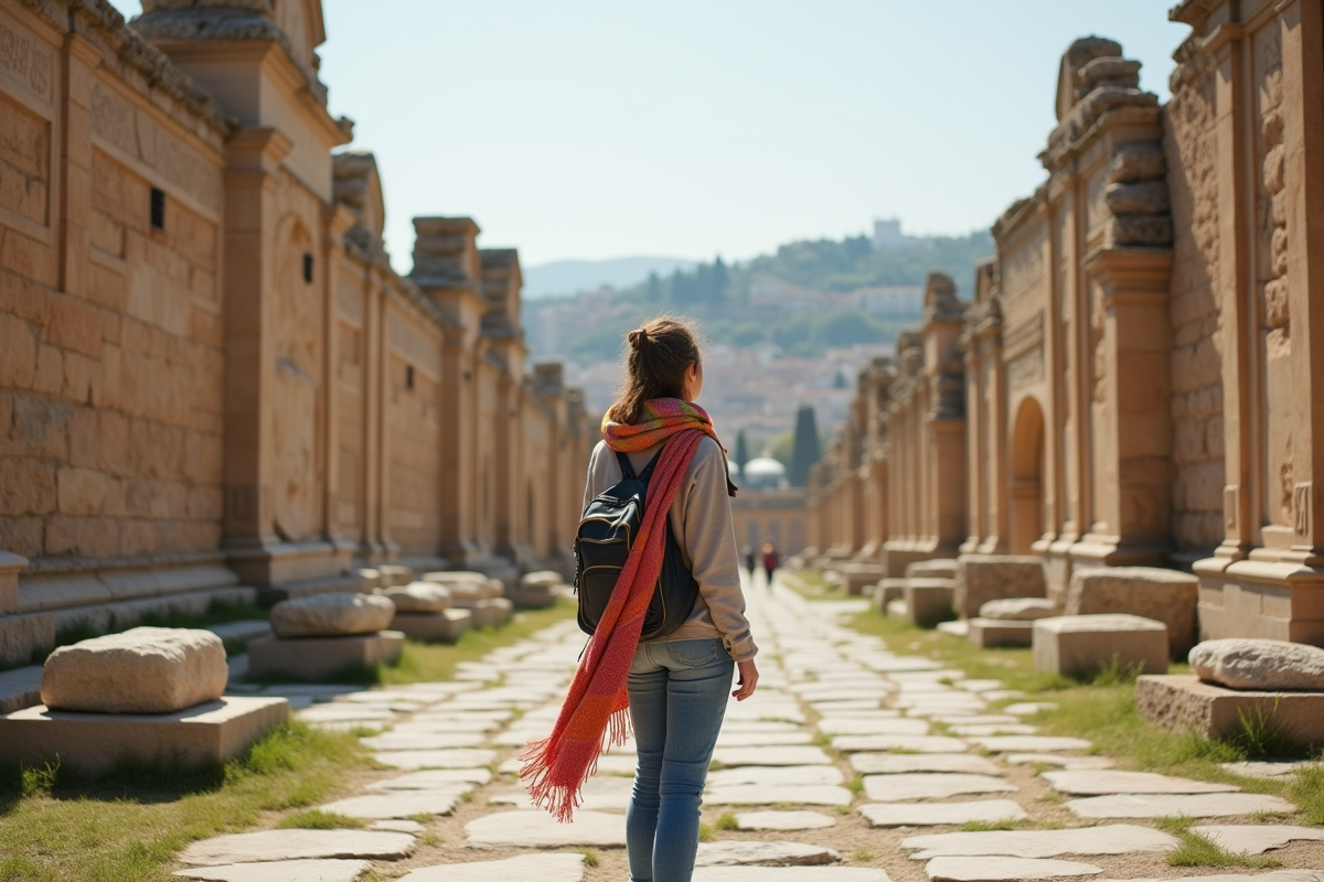 Jeune femme regardant les vestiges d