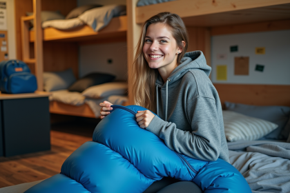 Jeune femme d&eacute;zipant un sac de couchage dans une auberge