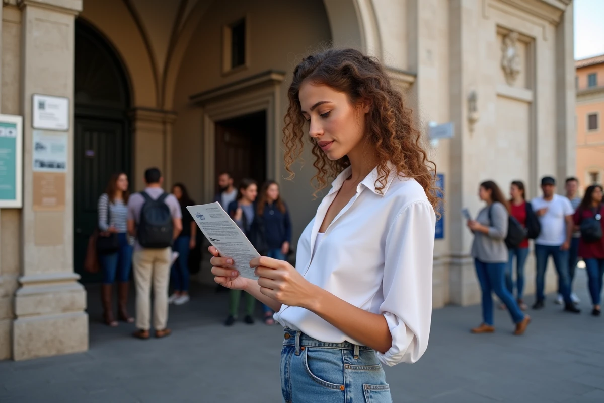 Jeune femme regardant son ticket devant la tour de Pise