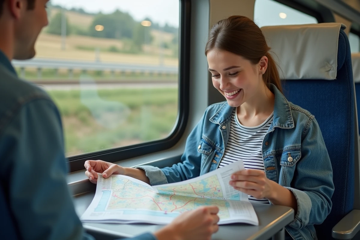 Jeune femme souriante vérifiant sa carte dans un train en Europe
