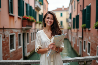 Jeune femme souriante sur un pont de Venise avec carte