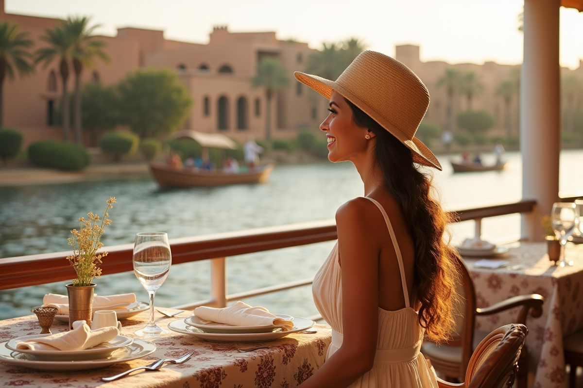 Jeune femme souriante à la terrasse d
