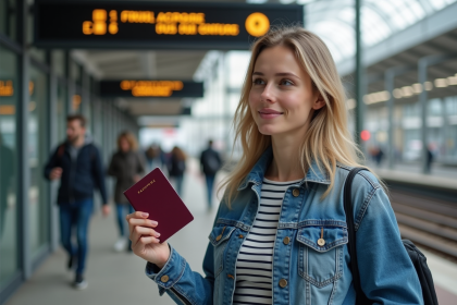 Jeune femme avec passeport devant gare moderne