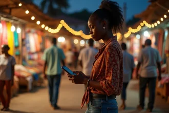 Jeune femme africaine vérifiant son téléphone dans un marché nocturne