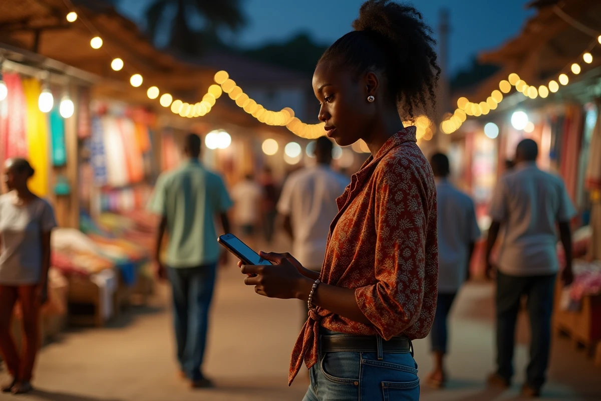Jeune femme africaine vérifiant son téléphone dans un marché nocturne