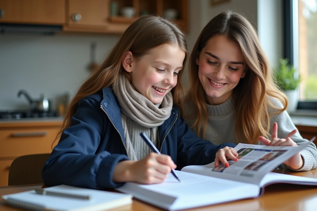 Jeune fille souriante avec sa mère dans la cuisine