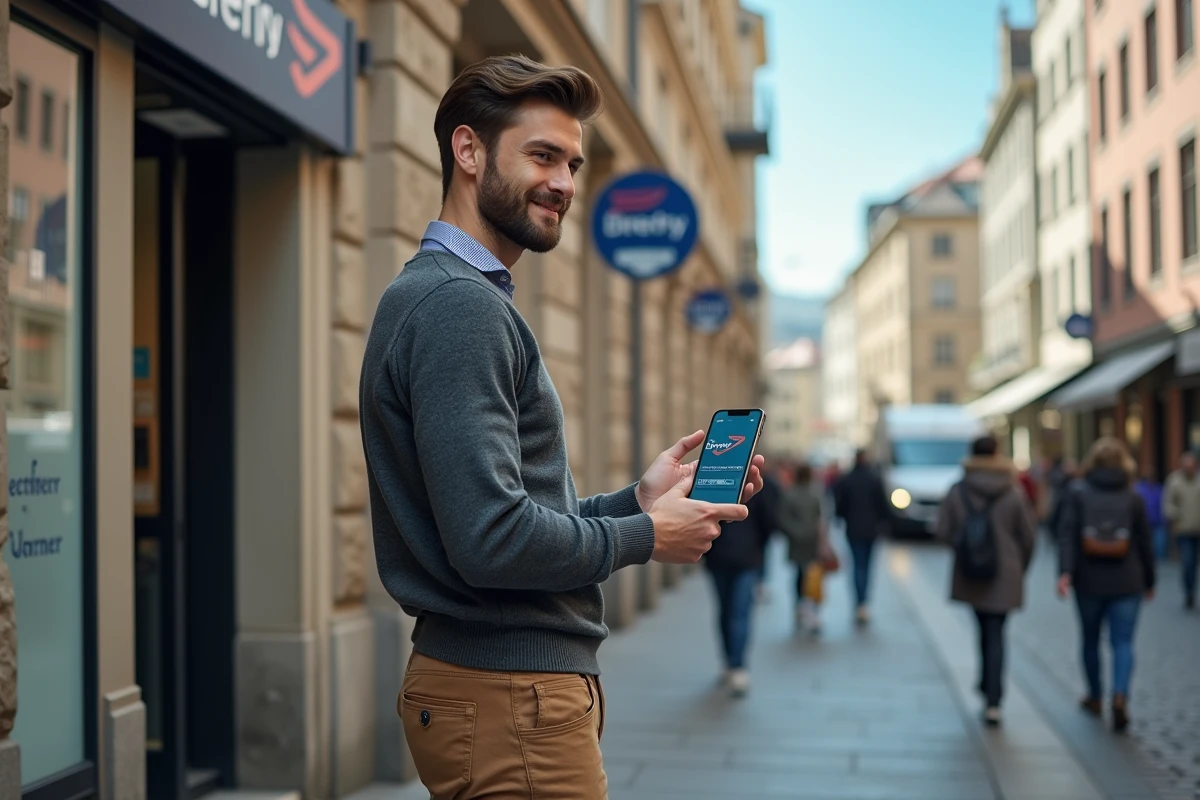 Jeune homme avec smartphone devant une agence de voyage