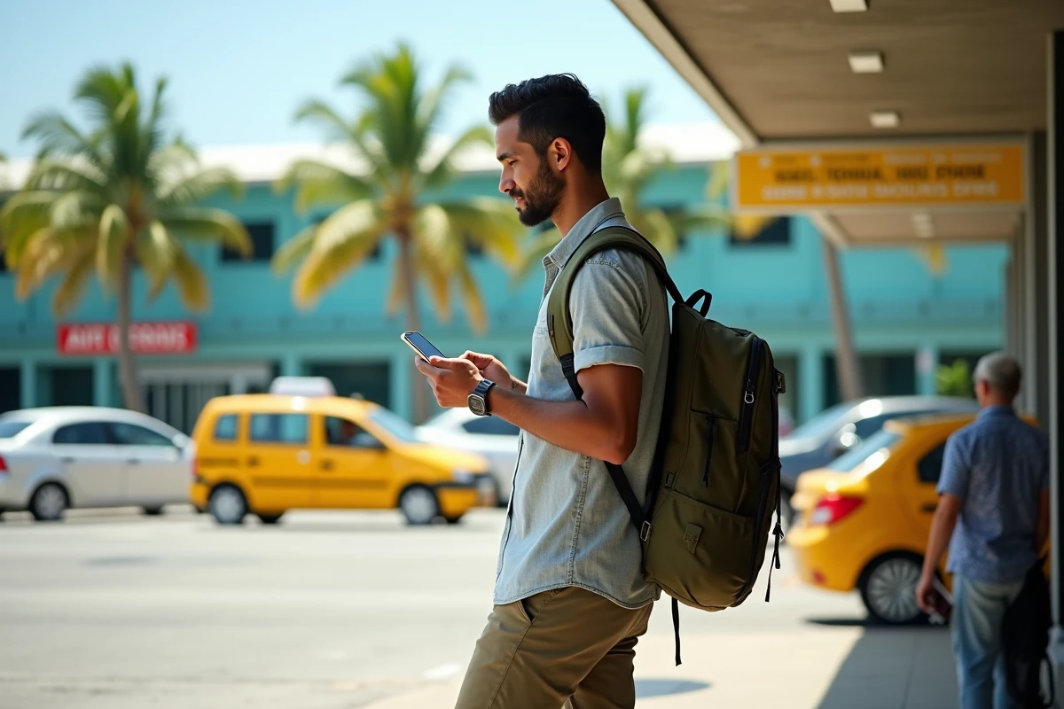 Jeune homme arrivant à Martinique avec sac léger