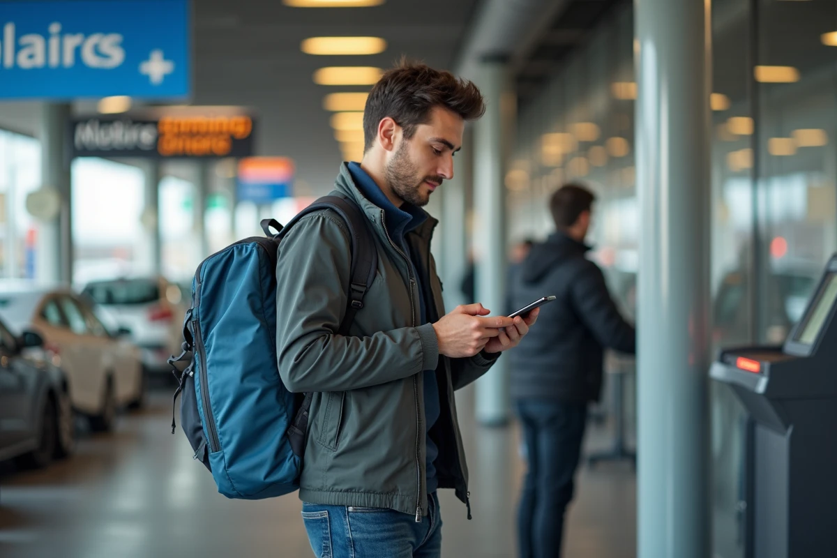 Jeune homme au terminal Eurotunnel vérifiant son smartphone