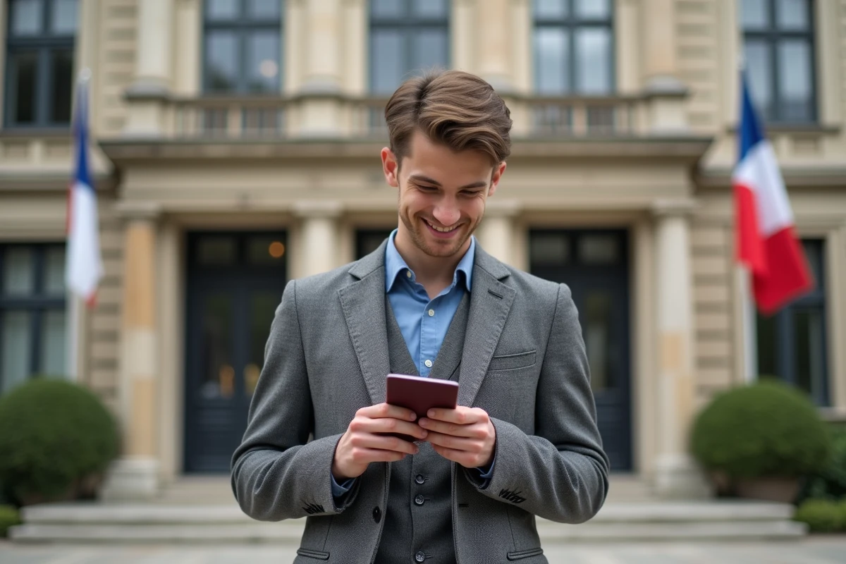 Jeune homme souriant avec son passeport devant la mairie française