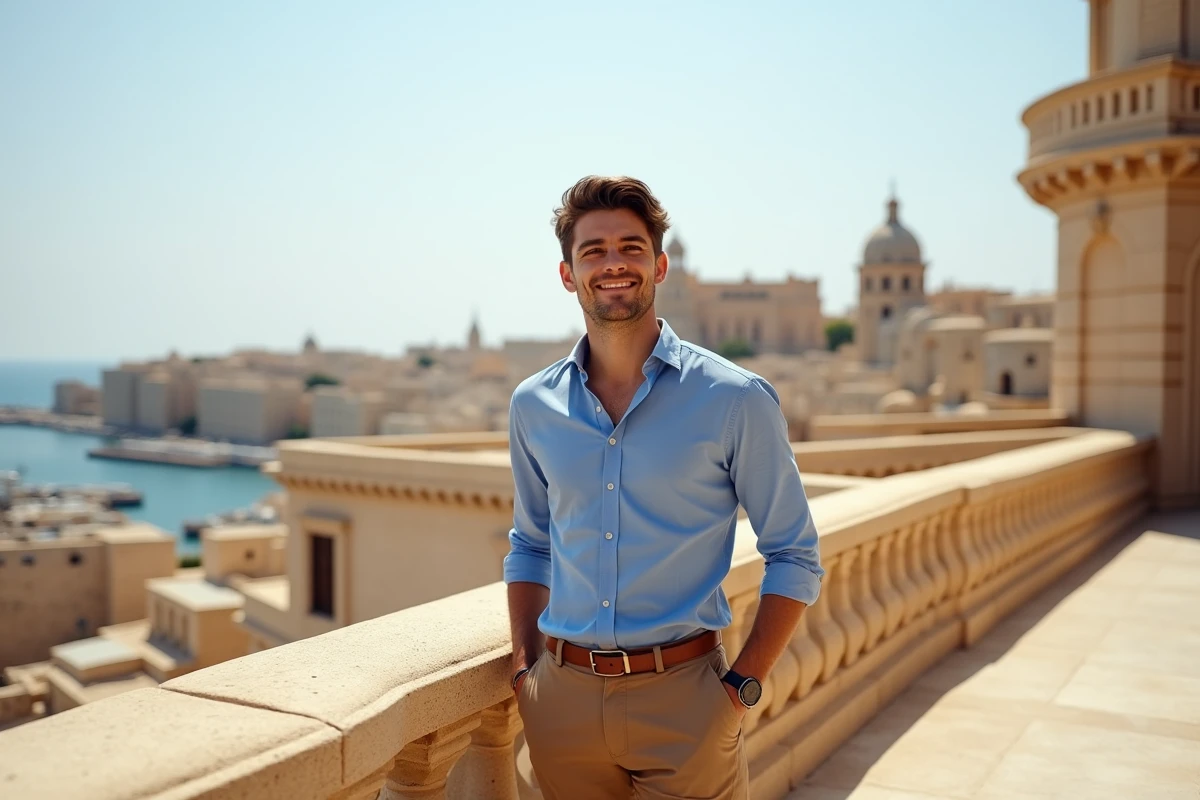Jeune homme regardant la ville fortifi&eacute;e de Valletta