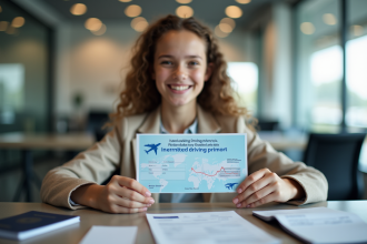 Jeune personne souriante tenant un permis international à un bureau de voyage