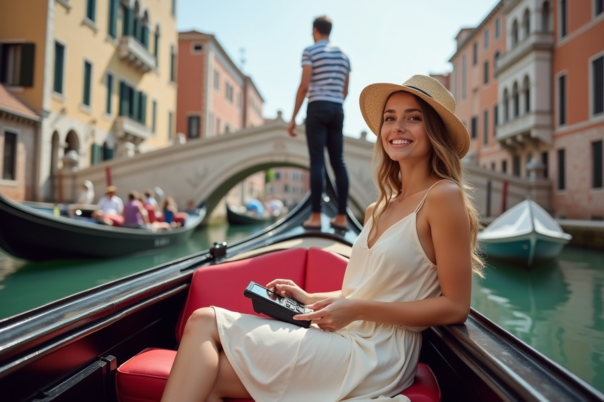 Jeune touriste dans une gondola à Venise en train de payer