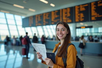 Jeune voyageur souriant à l'aéroport avec passeport et visa