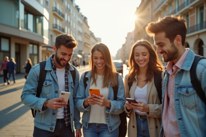 Jeunes souriants utilisant une appli de covoiturage en ville