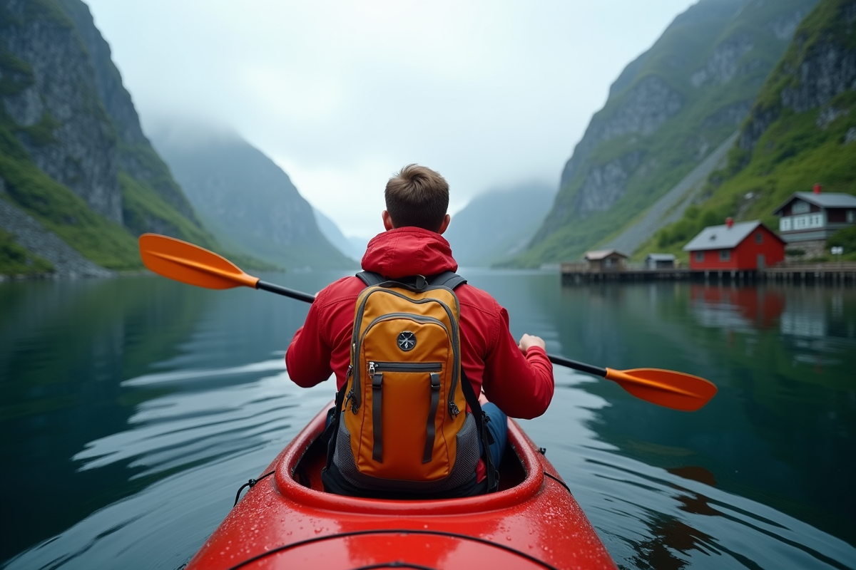 Jeune homme paddlant en kayak sur un fjord norvegien