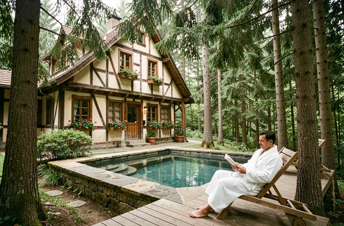 Façade en colombages de La Chêneaudière à Colroy-la-Roche entourée de forêts alsaciennes avec espace spa extérieur