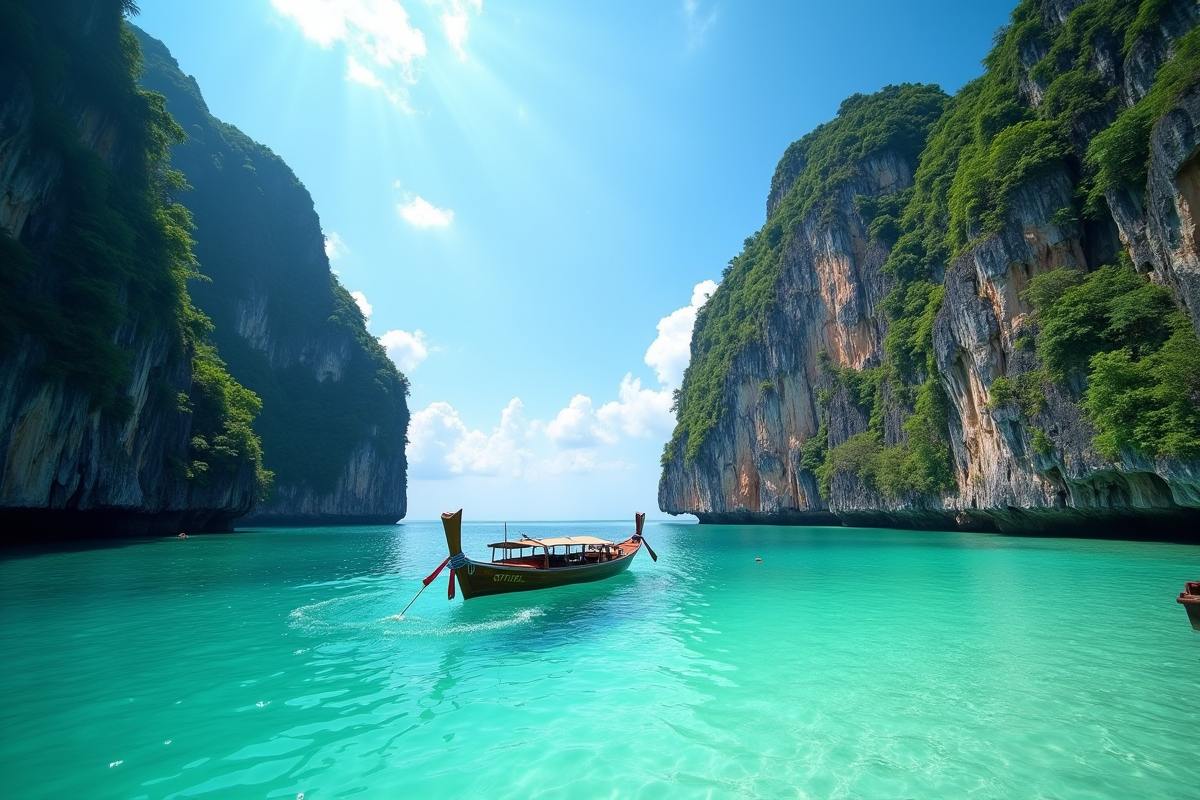 Lagon turquoise en Thaïlande avec bateau et falaises