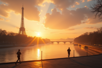 Tour Eiffel au lever du soleil sur la Seine avec brume matinale