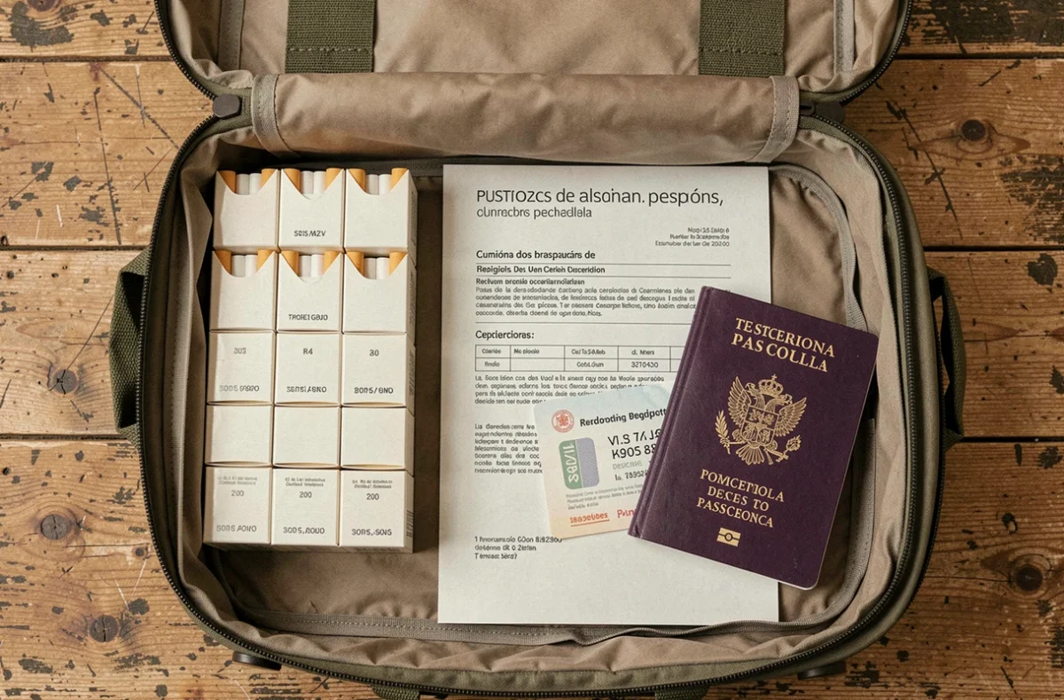 Valise ouverte avec cartouches de cigarettes, passeport espagnol et formulaire de déclaration douanière pour l'Espagne