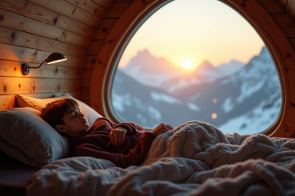 Jeune randonneur dormant dans une chambre de lodge avec vue sur montagnes enneigees