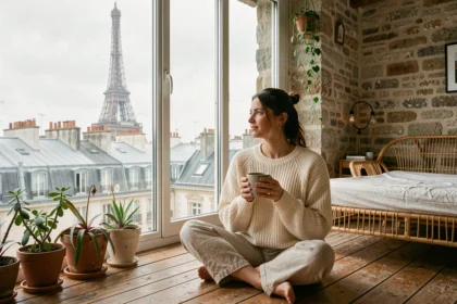 Femme assise au sol d'un loft parisien insolite avec vue directe sur la tour Eiffel depuis une grande fenêtre panoramique