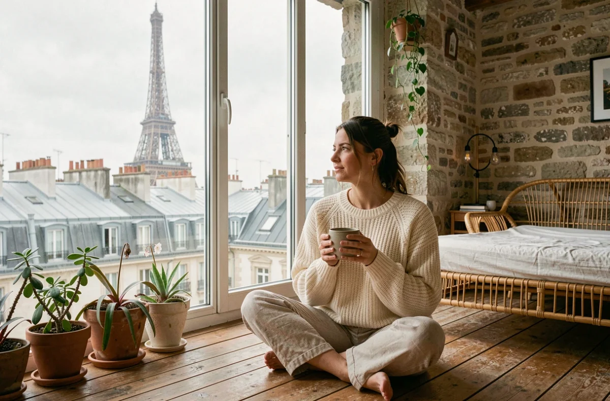 Femme assise au sol d'un loft parisien insolite avec vue directe sur la tour Eiffel depuis une grande fenêtre panoramique