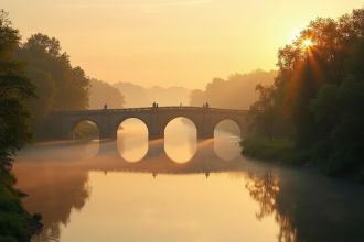 Le fleuve Loire au lever du soleil avec brume douce et pont ancien